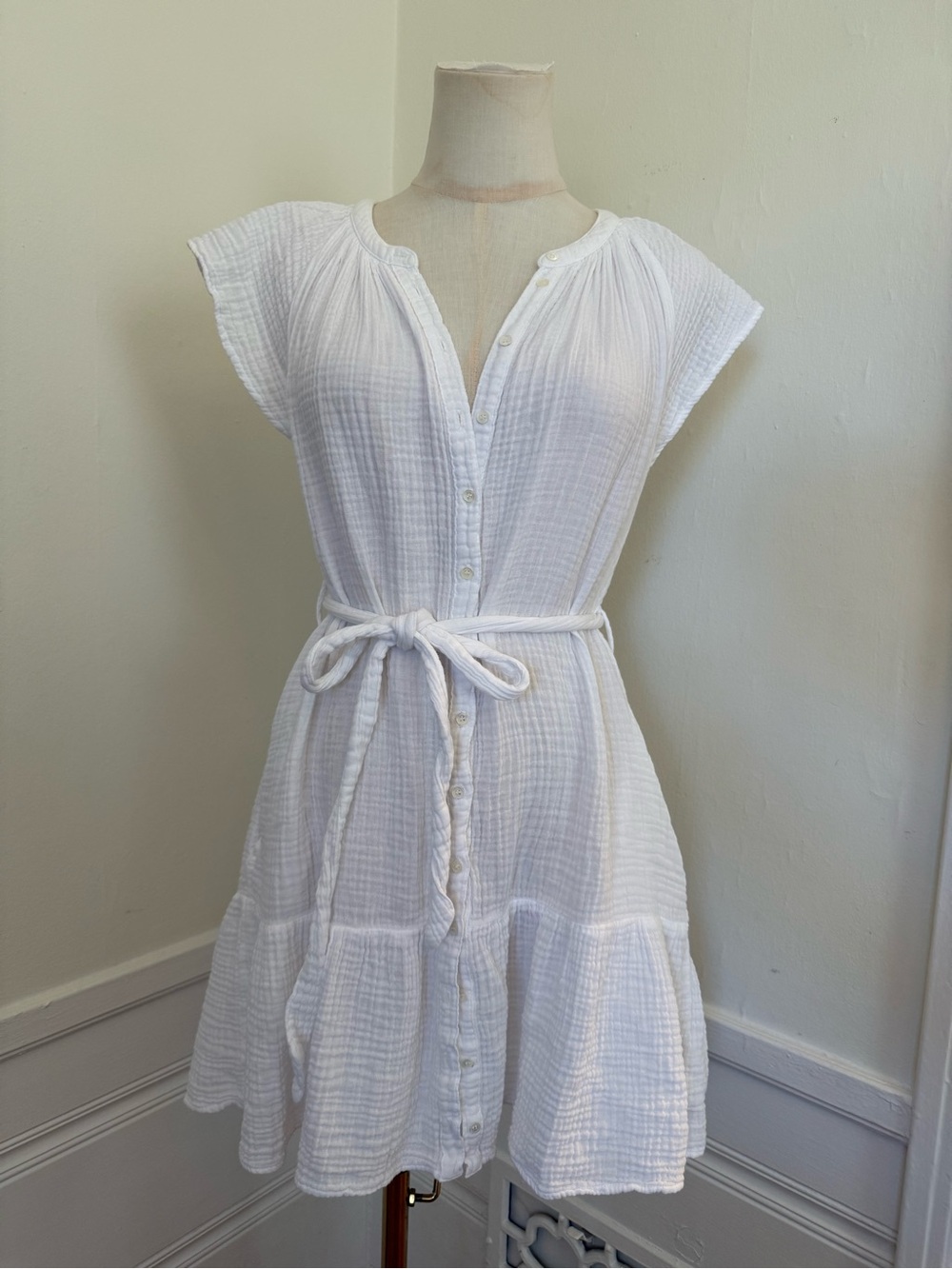 Xirena White Cotton Gauze Button Front Mini Dress XS Belted Made in USA